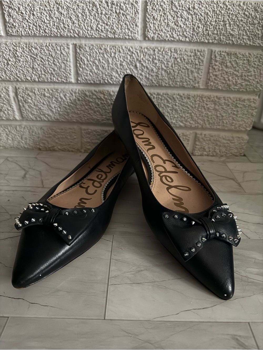 Sam Edelman Black Pointed-Toe Studded Bow Flats